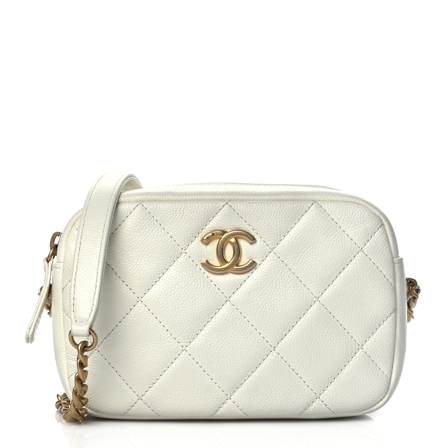 Shiny Caviar Quilted Chain Melody Camera Bag White