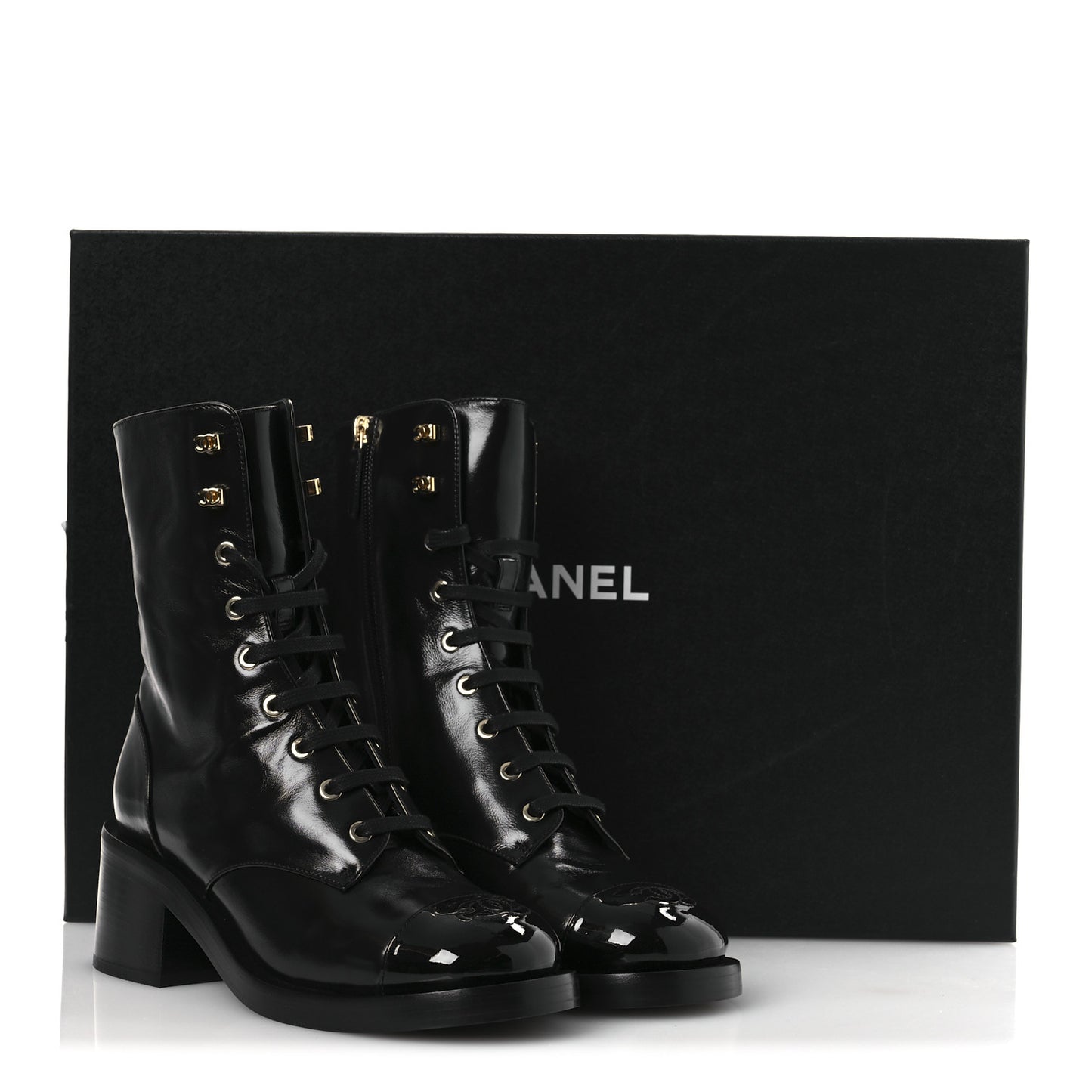 Shiny Calfskin Patent Cap Toe Lace Up Combat Boots 38 Black