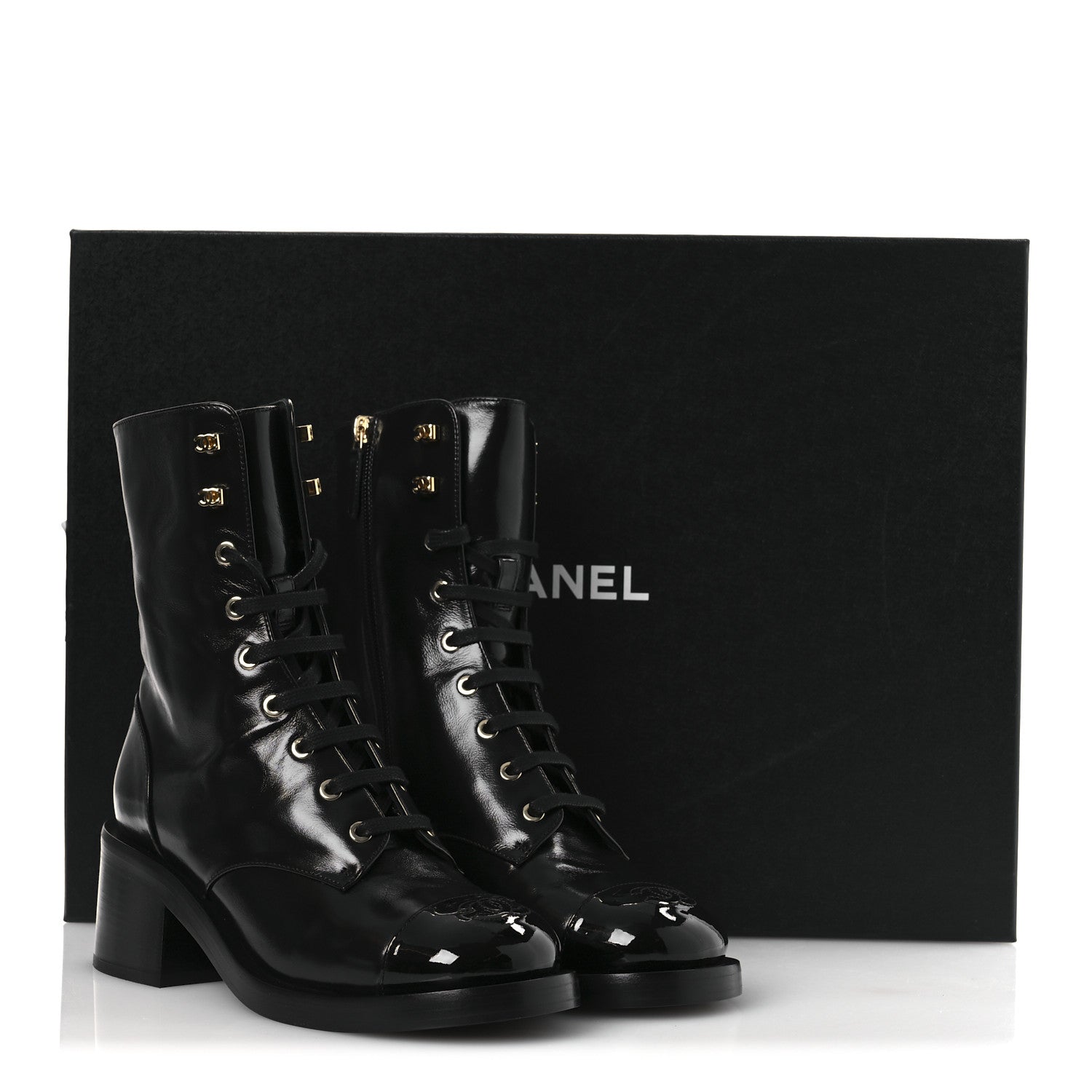 Chanel Shiny Calfskin Patent Cap Toe Lace Up Combat Boots 38 Black 12 of 12