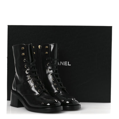 Chanel Shiny Calfskin Patent Cap Toe Lace Up Combat Boots 38 Black 12 of 12