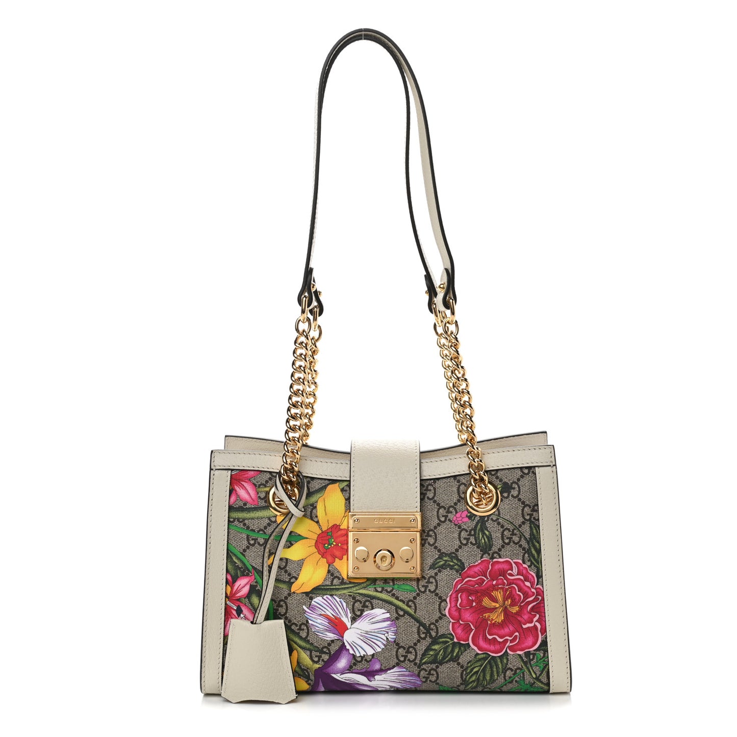 GG Supreme Monogram Flora Textured Calfskin Small Padlock Tote Beige Ebony Multicolor Mystic White