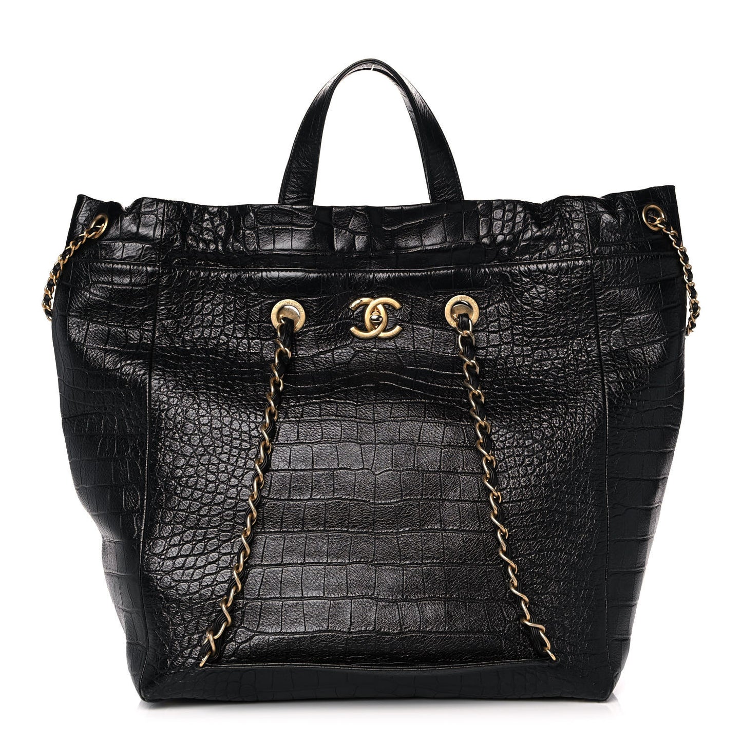 Calfskin Crocodile Embossed Large Cocodile Shopping Tote Black