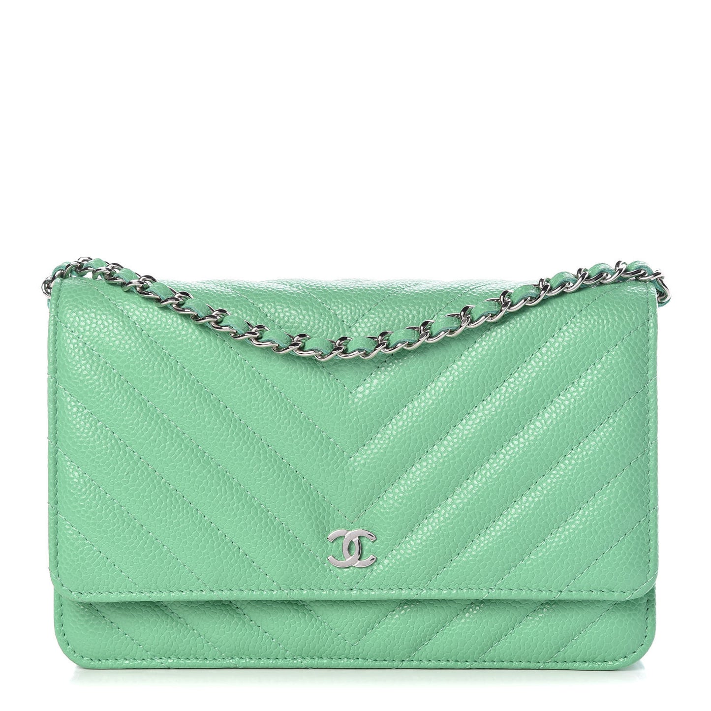 Caviar Chevron Quilted Wallet On Chain WOC Green