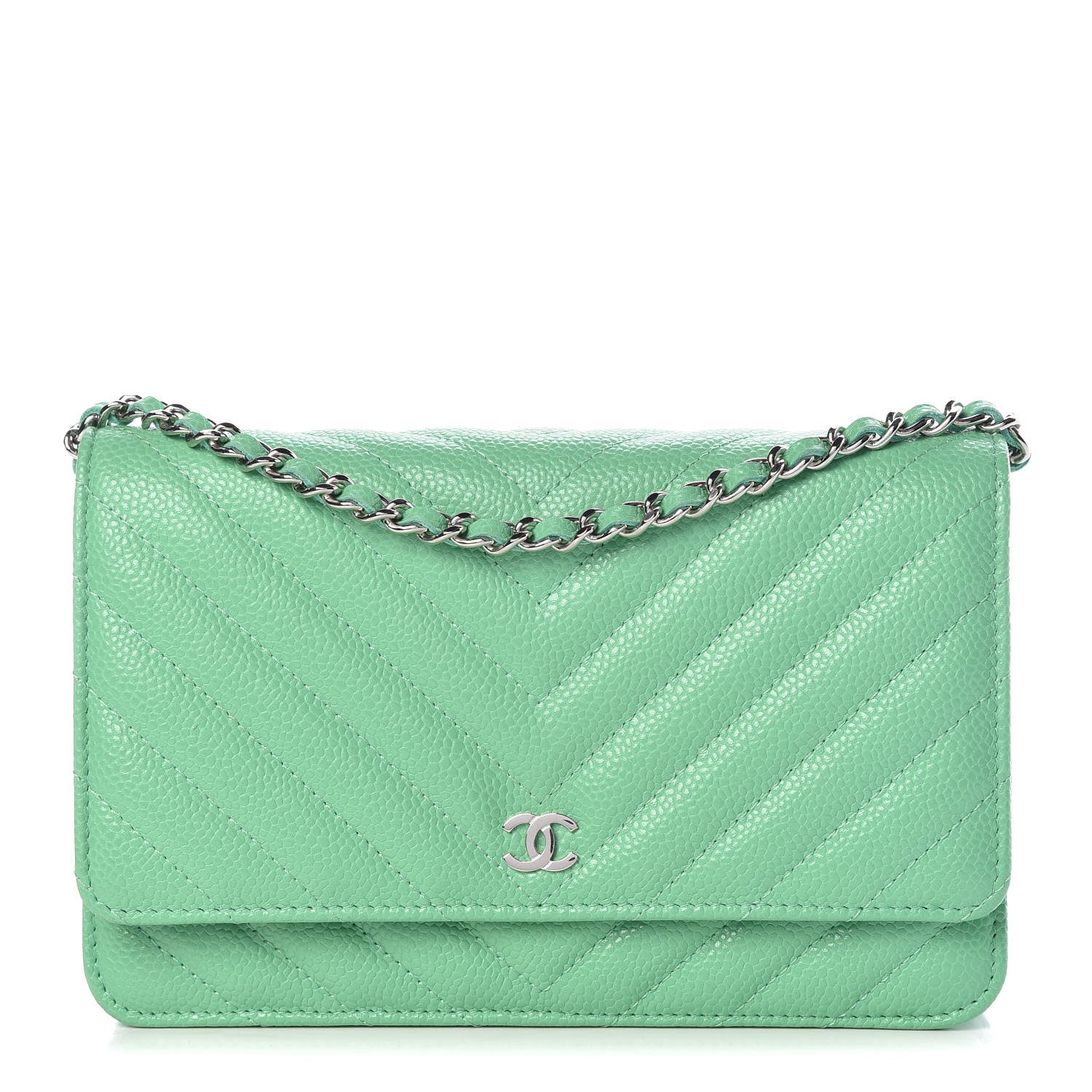 Chanel Caviar Chevron Quilted Wallet On Chain WOC Green 1 of 11