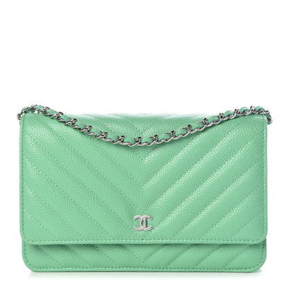 Chanel Caviar Chevron Quilted Wallet On Chain WOC Green 1 of 11