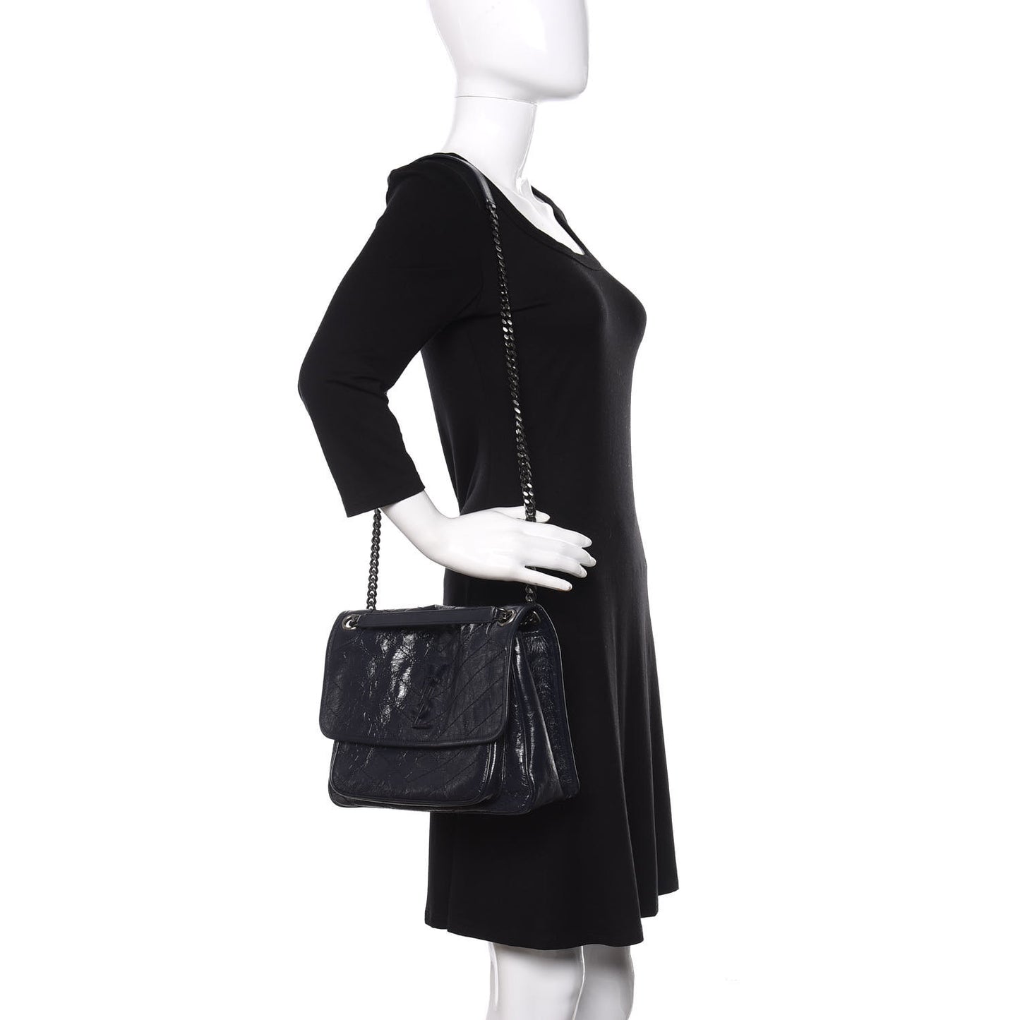 Crinkled Calfskin Matelasse Monogram Medium Niki Chain Satchel Deep Marine