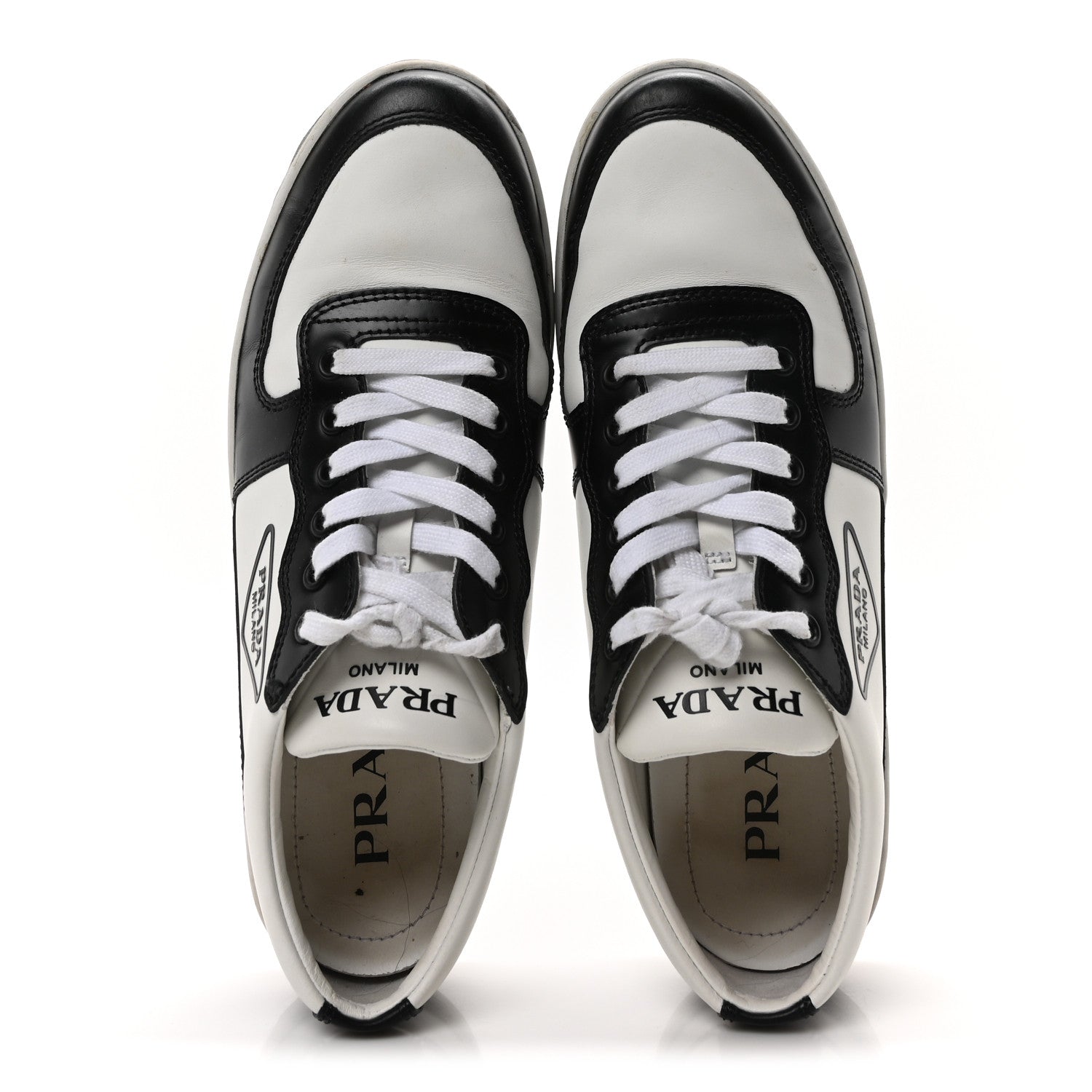 Prada Spazzolato Rois Vitello Soft Triangle Logo Womens Low Top Sneakers 39 White Black 2 of 9