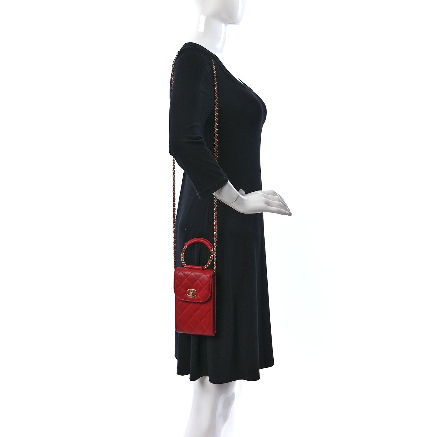 Caviar Quilted Chain Handle Round Phone Holder Red