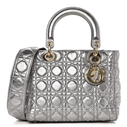 Christian Dior Metallic Grained Calfskin Cannage Medium Lady Dior Silver 1 of 8