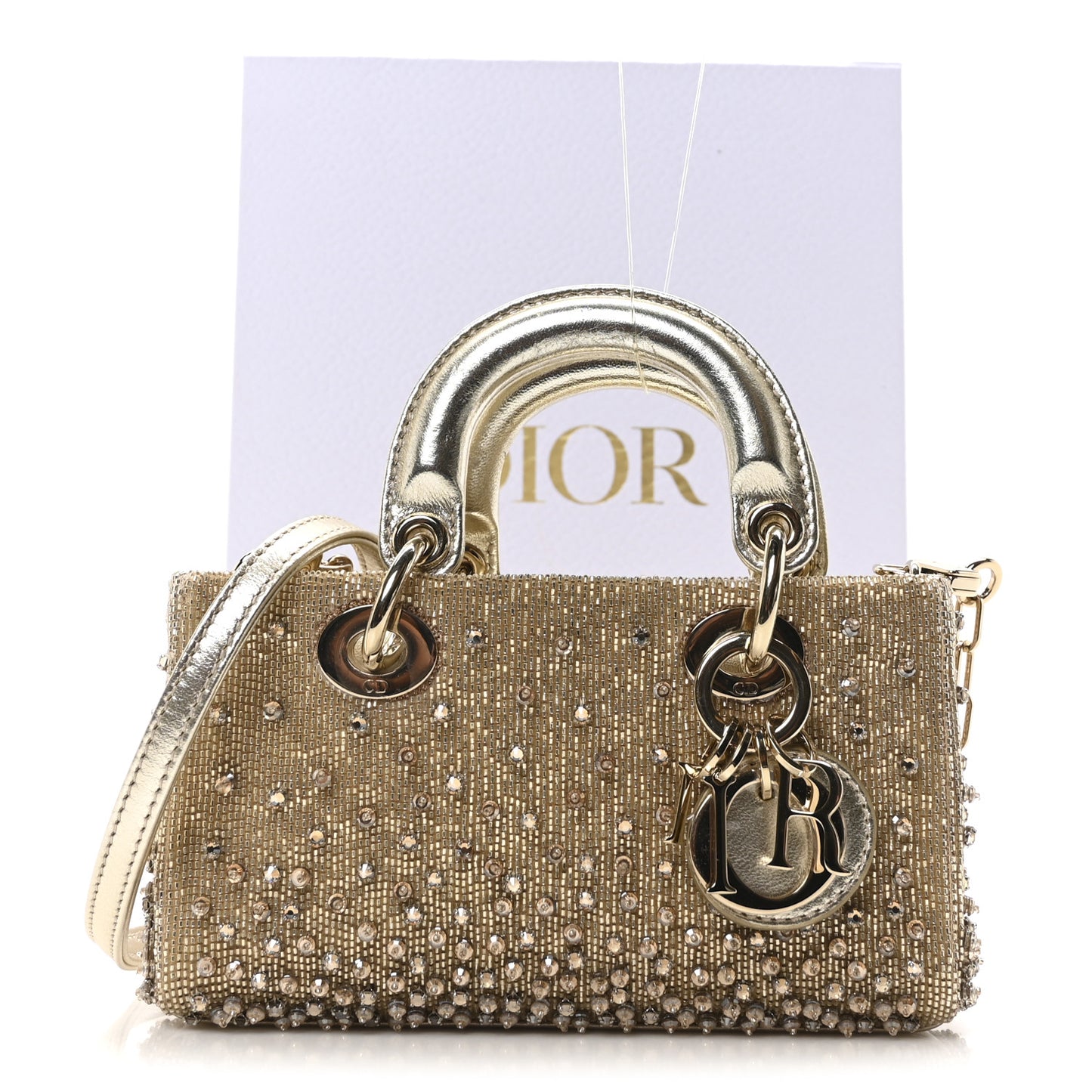 Metallic Lambskin Crystal Beaded Embroidered Micro Lady D-Joy Gold