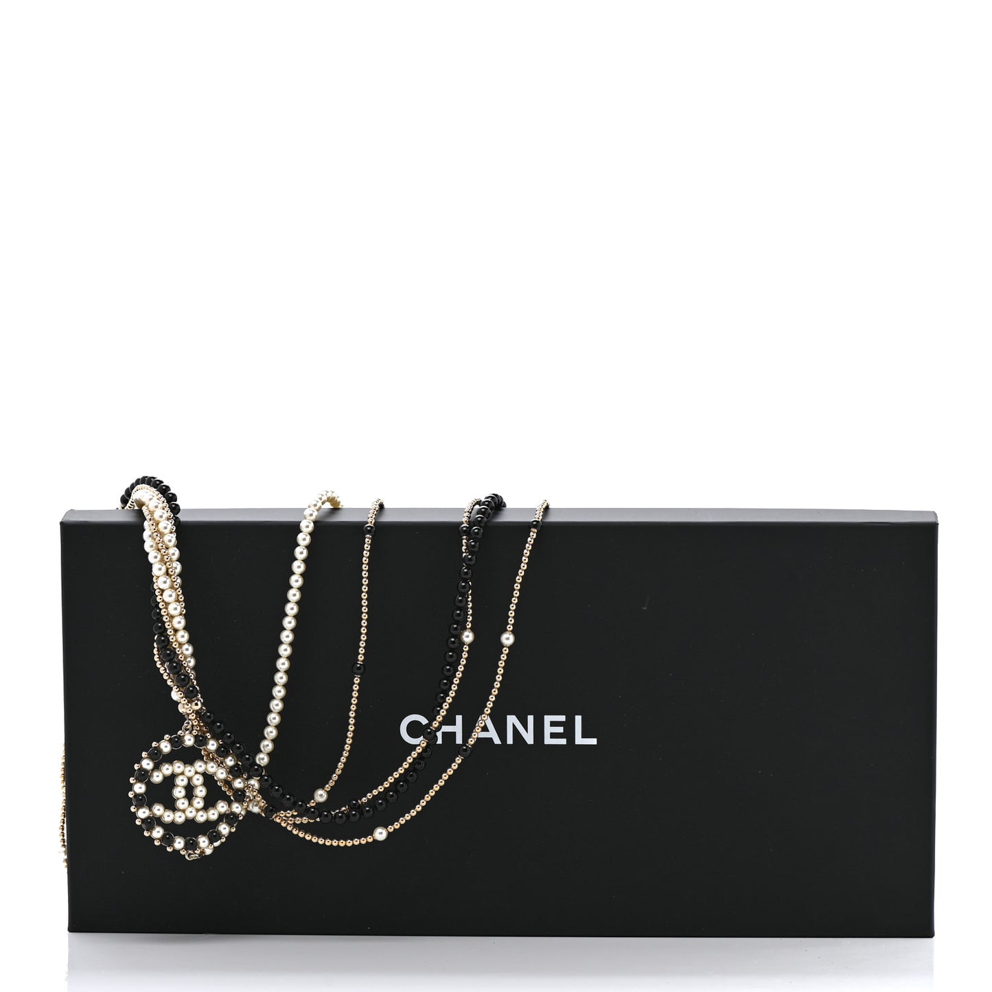 Pearl Resin Beaded CC Long Necklace Black Gold