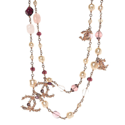 Chanel Beaded Pearl Crystal CC Long Strand Necklace Gold Purple 1 of 5