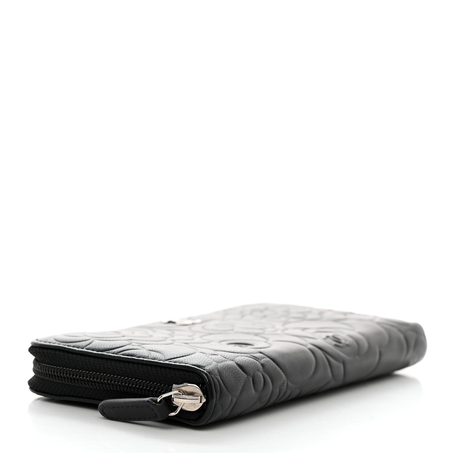 Lambskin Camellia Embossed Large Zip Around Gusset Wallet Black