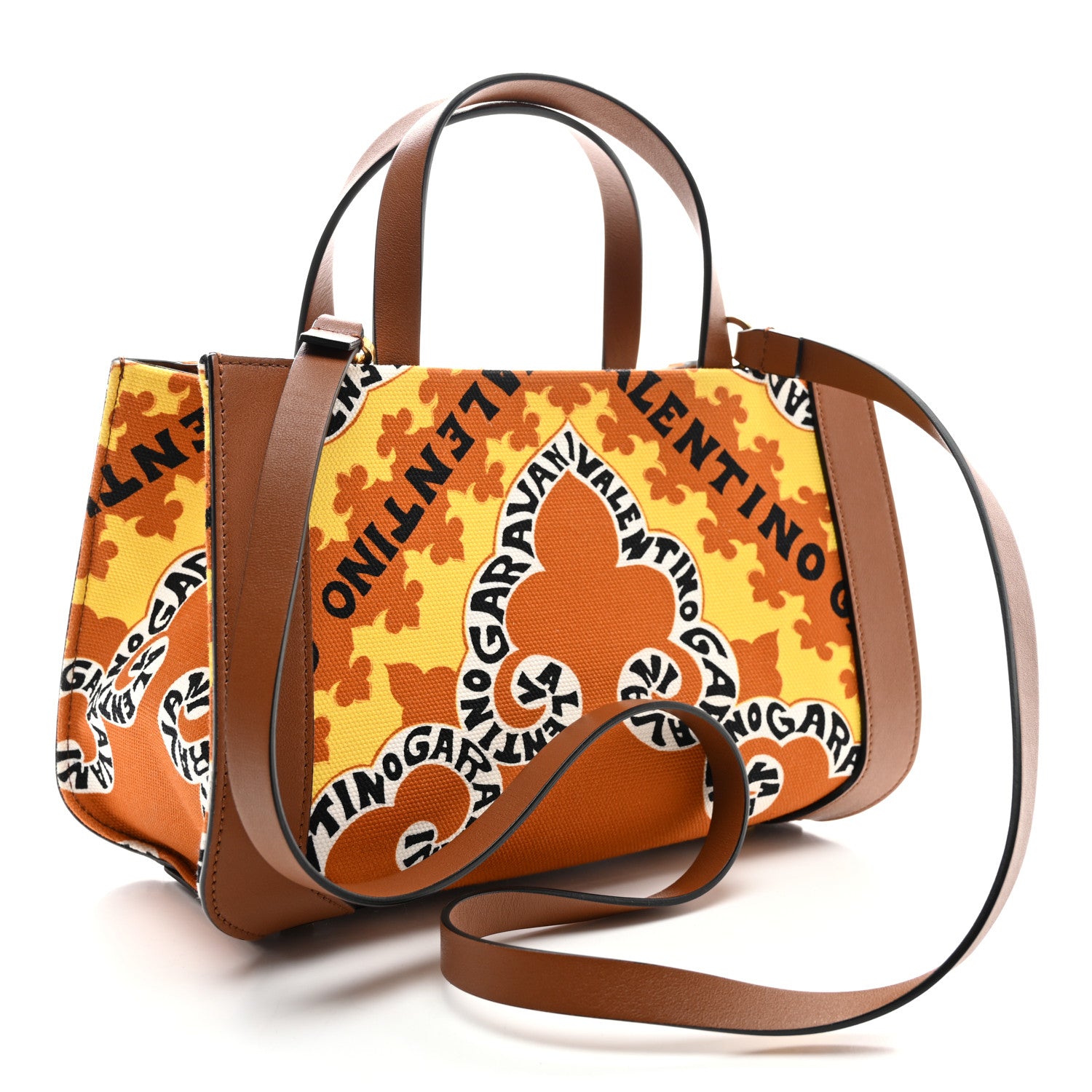 Valentino Garavani Canvas Calfskin Mini Bandana Print Small Vlogo Signature Tote Saddle Brown Multicolor 3 of 10