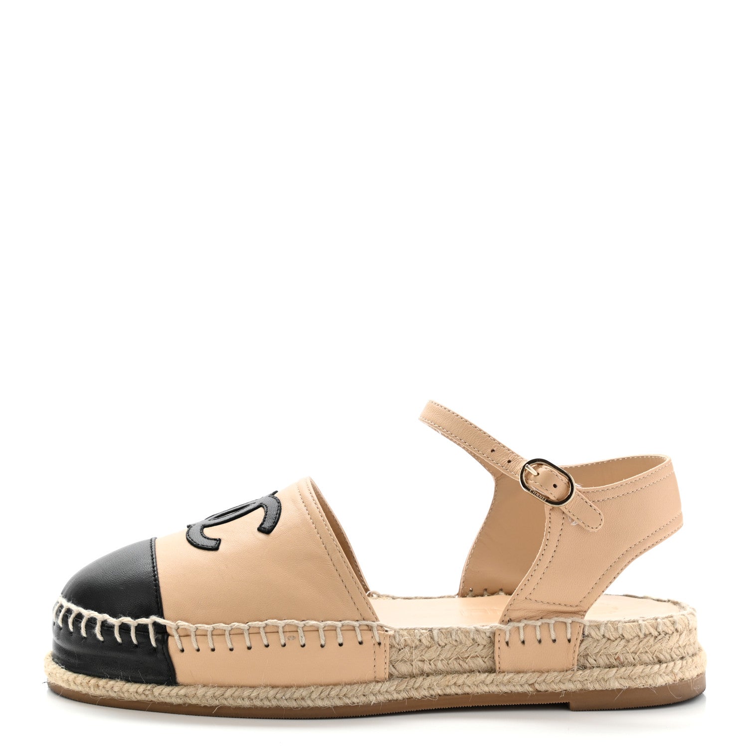 Chanel Lambskin Cap Toe CC Espadrille Sandals 36 Beige Black 1 of 15