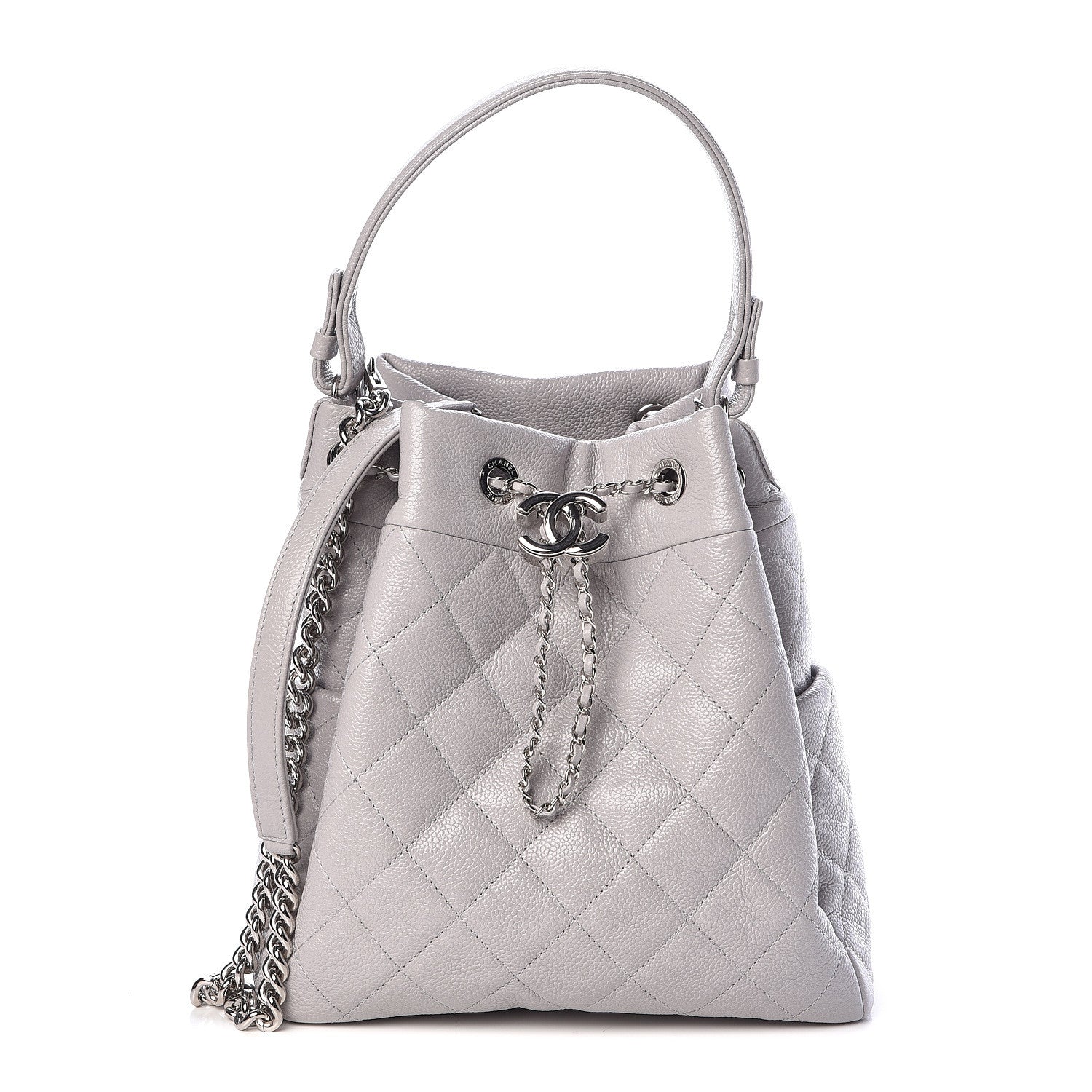 Chanel Grained Calfskin Quilted Medium CC Chain Bucket Drawstring Bag Light Grey 1 of 10