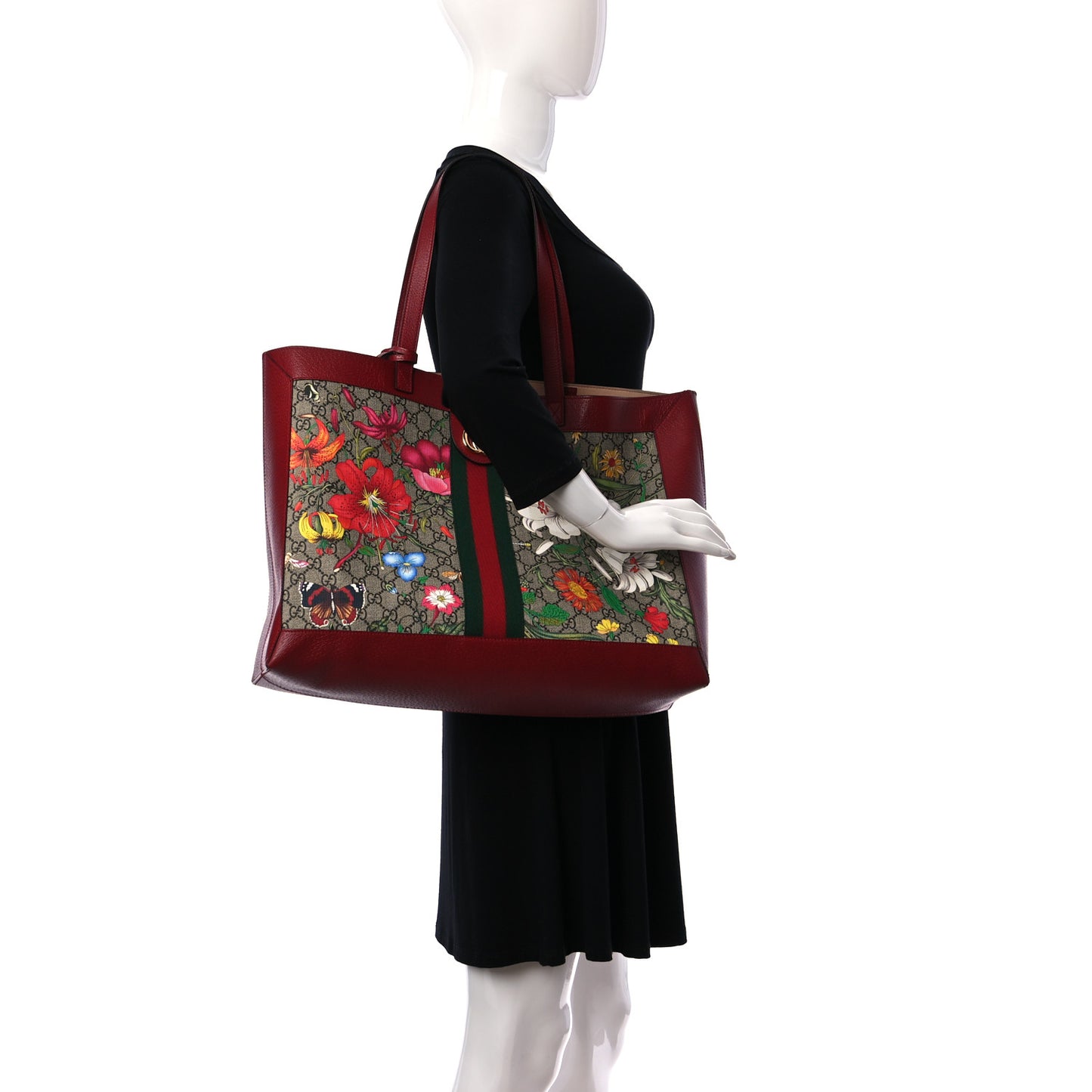GG Supreme Monogram Flora Web Large Ophidia Tote Red