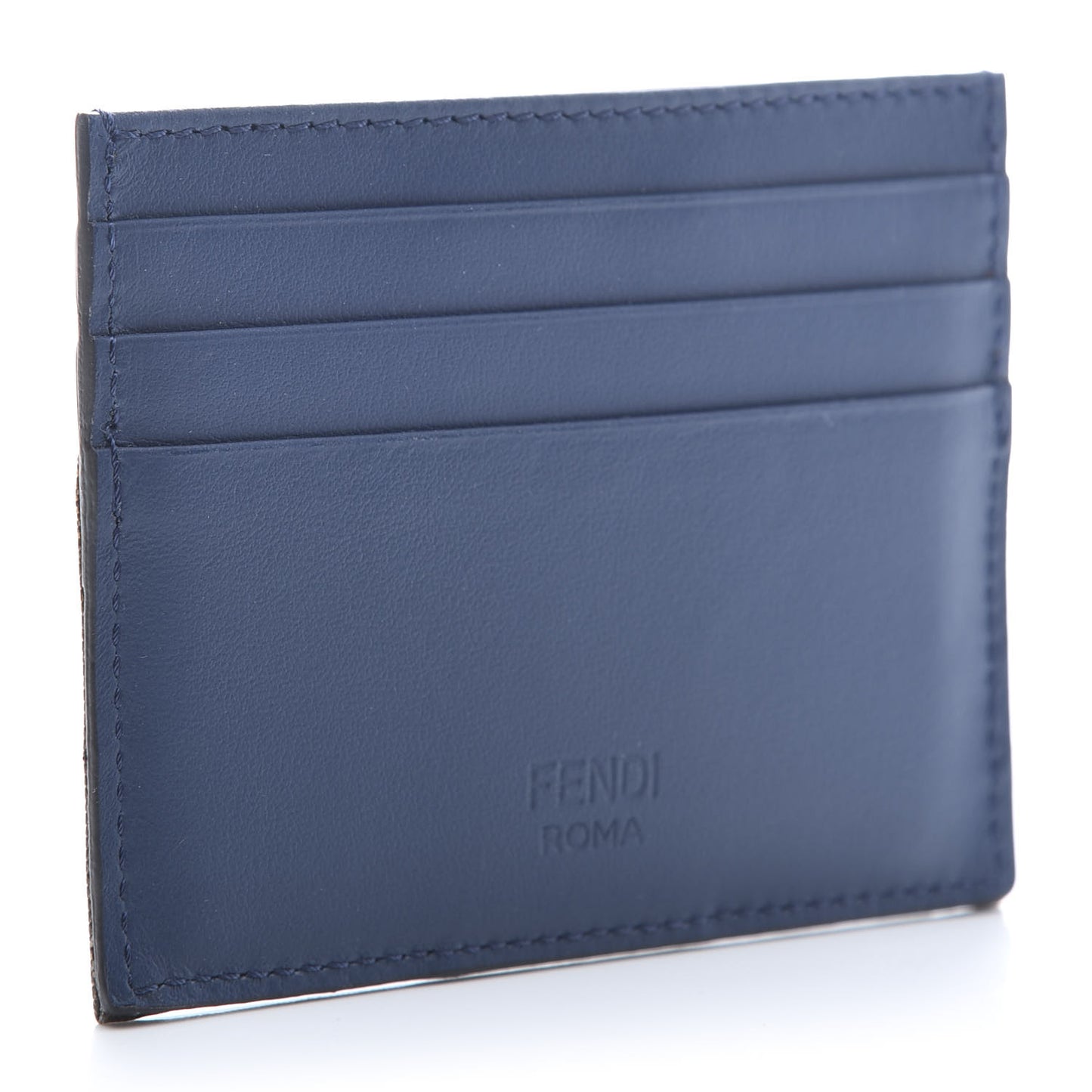 Vitello Century Glazed Fabric FF 1974 Card Holder Blu Scuro Mogano Panna