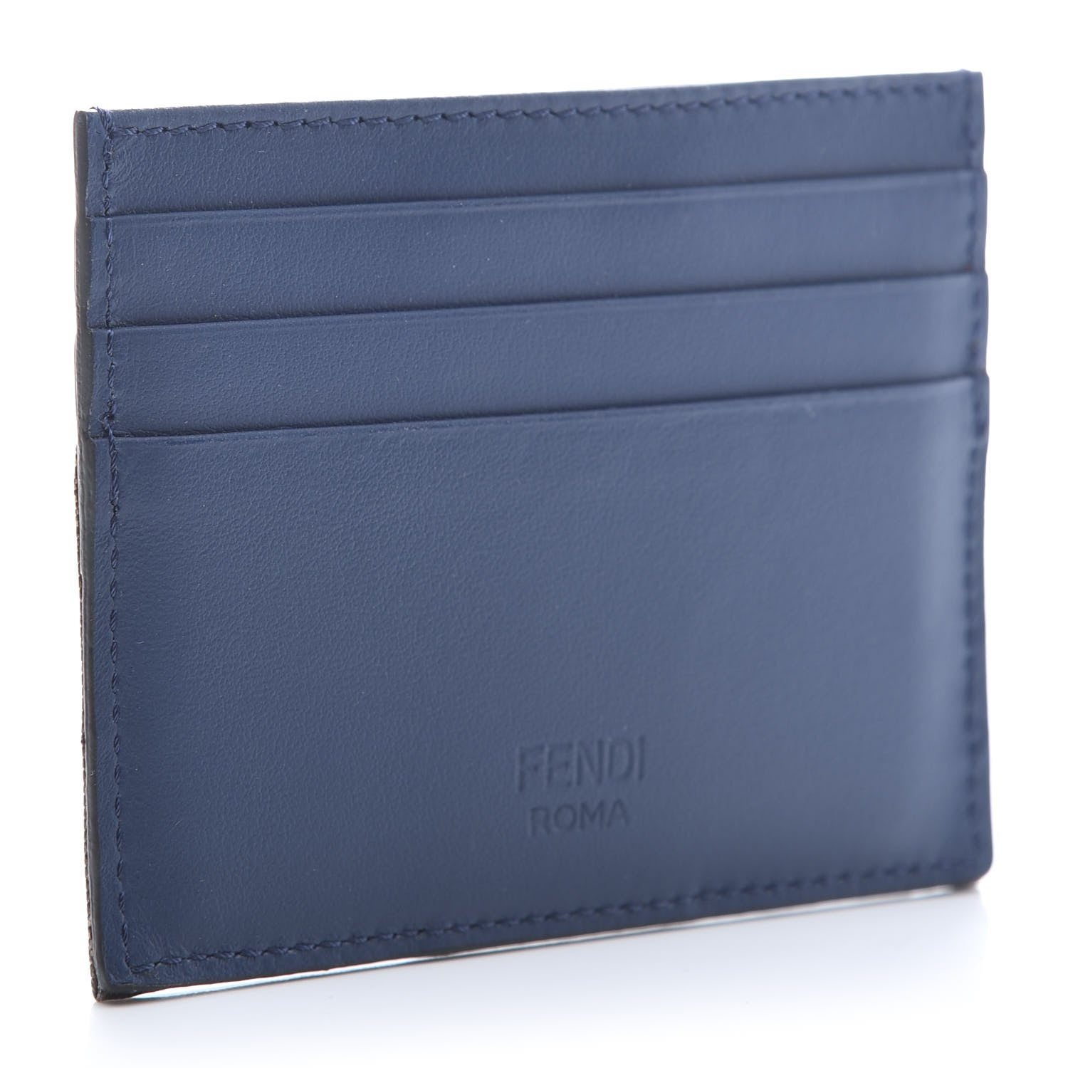 Fendi Vitello Century Glazed Fabric FF 1974 Card Holder Blu Scuro Mogano Panna 2 of 10
