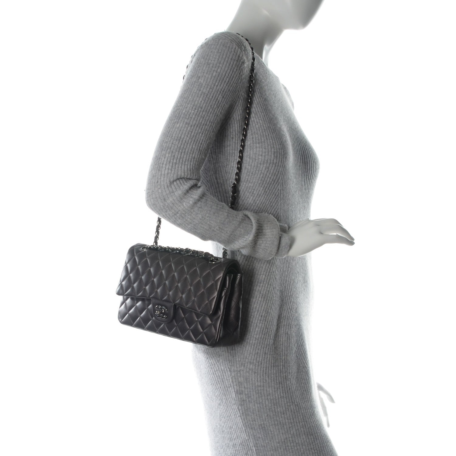 Chanel Metallic Lambskin Medium Double Flap Dark Grey 2 of 7