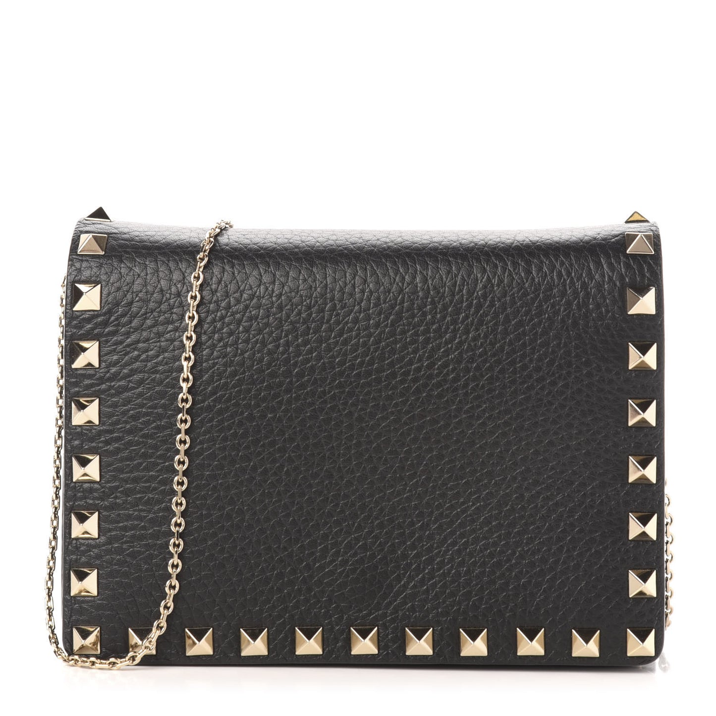 Pebbled Calfskin Rockstud Wallet on Chain Black