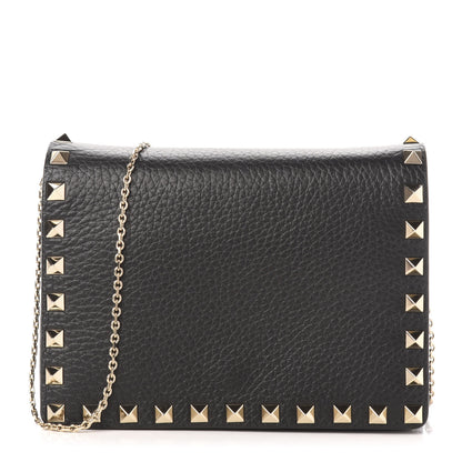 Valentino Garavani Pebbled Calfskin Rockstud Wallet on Chain Black 1 of 11