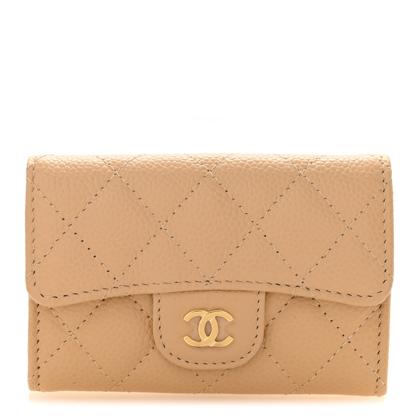 Caviar Quilted Flap Card Holder Wallet Beige