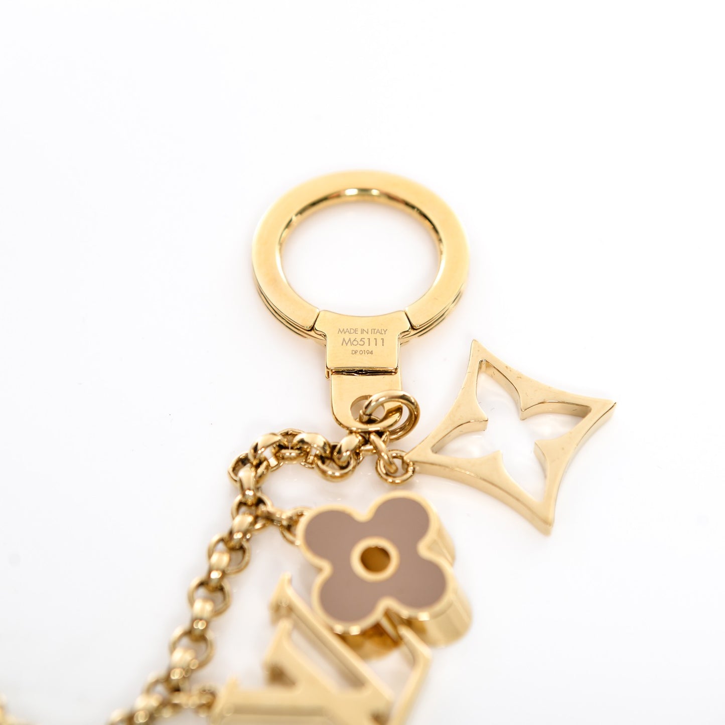 Brass Enamel Fleur De Monogram Bag Charm Chain Gold