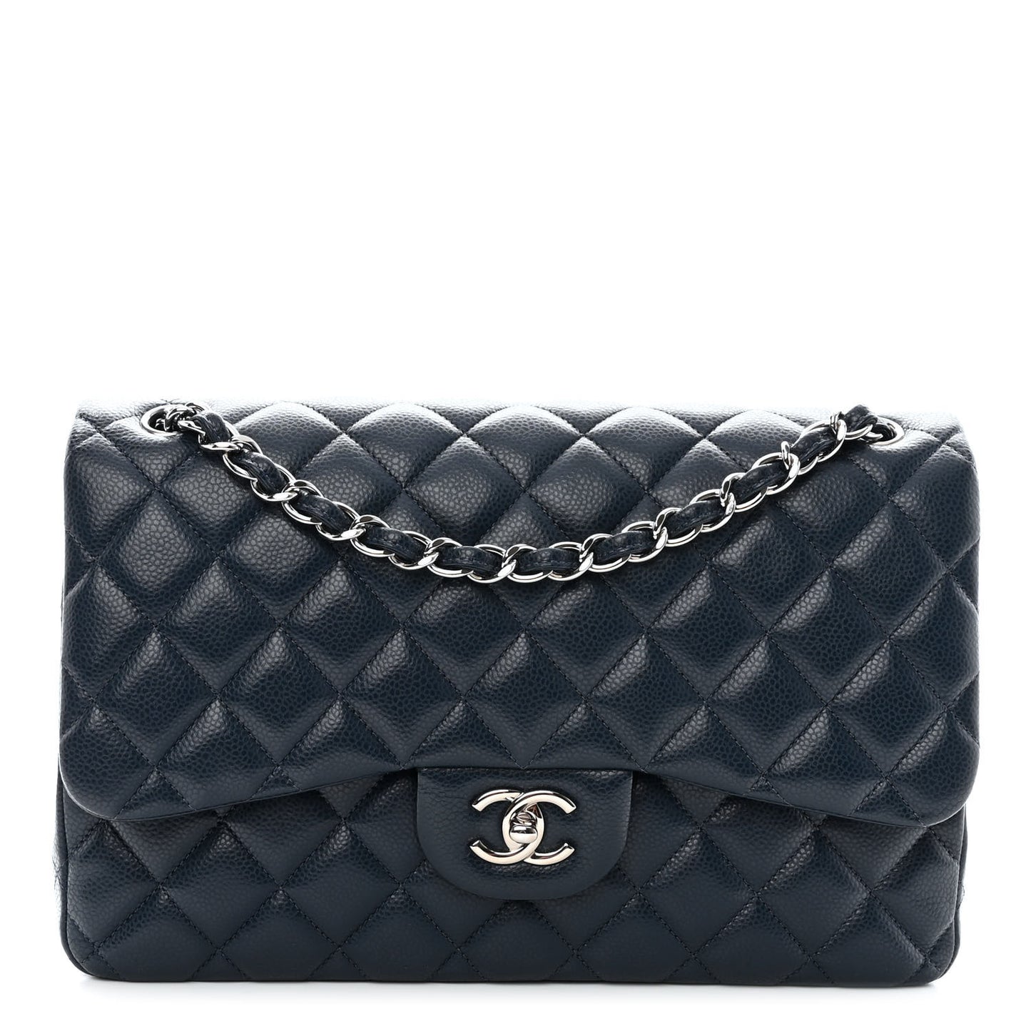 Caviar Quilted Jumbo Double Flap Navy Blue