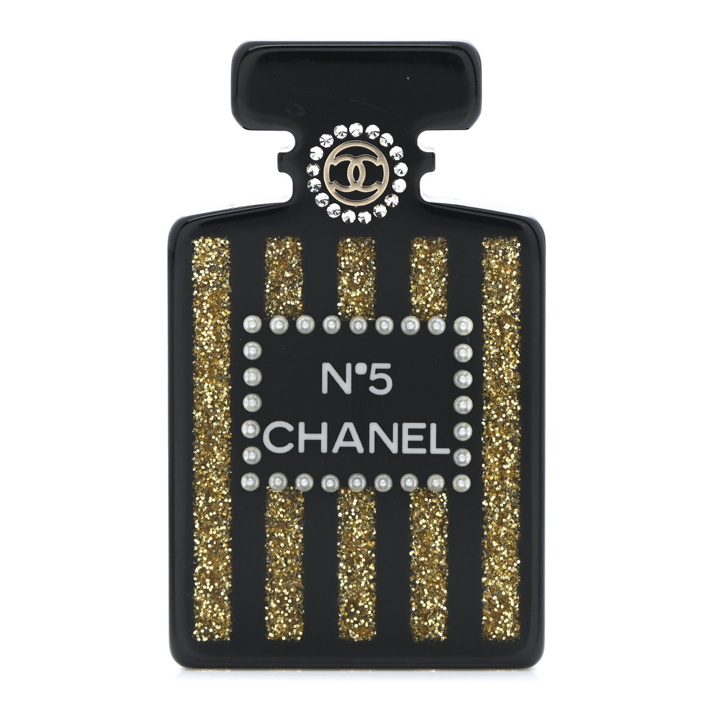 Resin Strass Perfume Bottle CC Brooch Black Gold