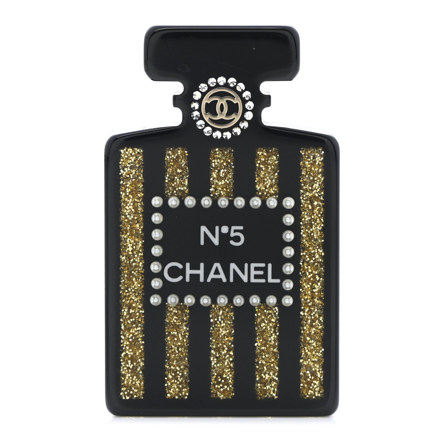 Chanel Resin Strass Perfume Bottle CC Brooch Black Gold 1 of 4