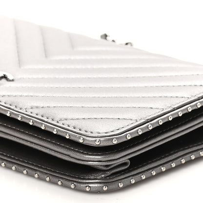 Chanel Lambskin Chevron Quilted Studded Wallet On Chain WOC Dark Silver 9 of 11