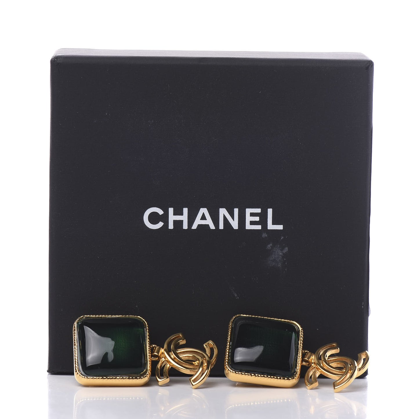 Resin Metal Obazine CC Drop Earrings Dark Green Gold