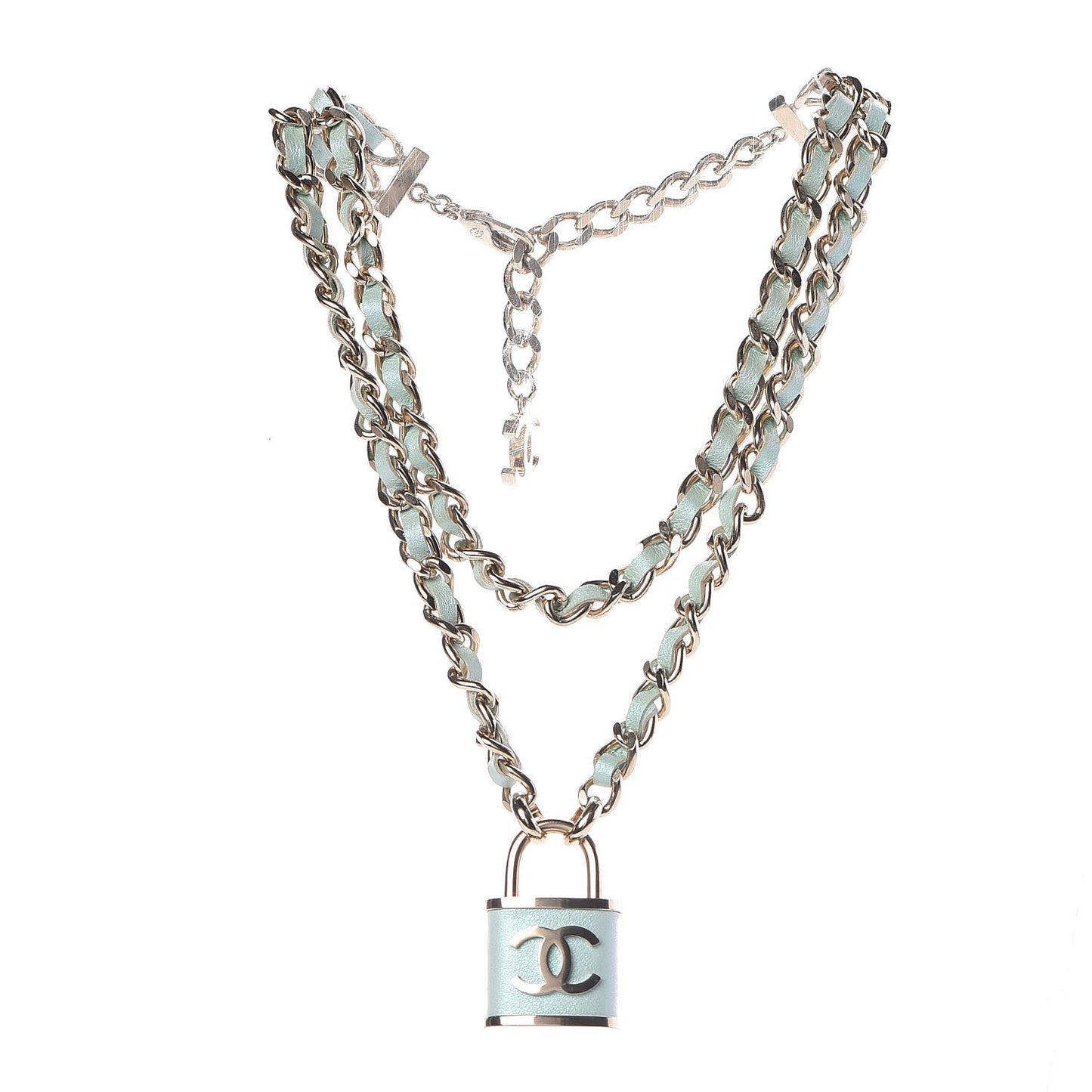 Metal Lambskin Lock Double Necklace Iridescent Blue