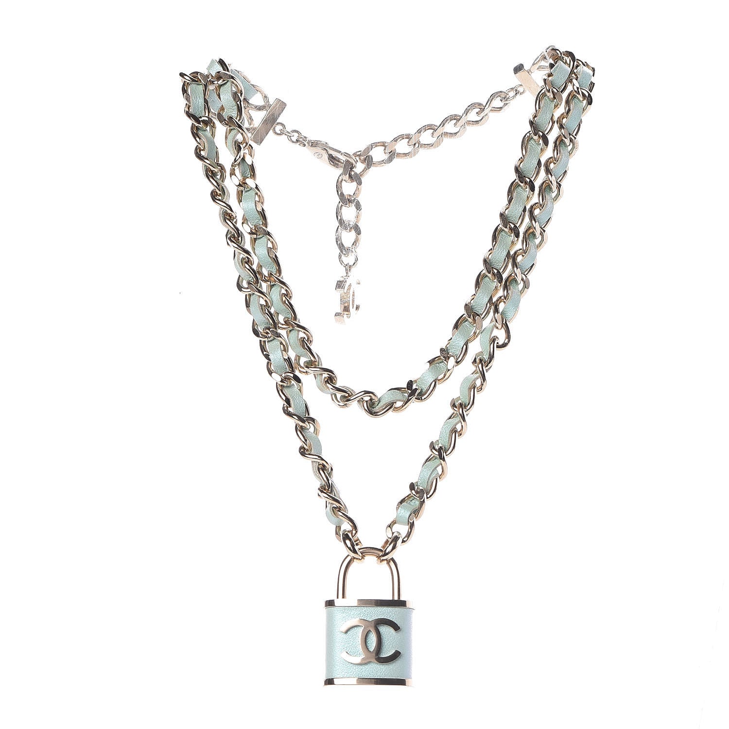Chanel Metal Lambskin Lock Double Necklace Iridescent Blue 3 of 5