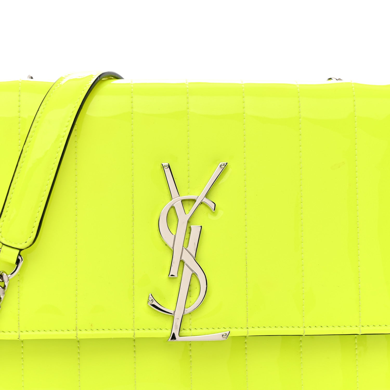 Saint Laurent Patent Calfskin Matelasse Monogram Vicky Chain Wallet Neon Yellow 10 of 18