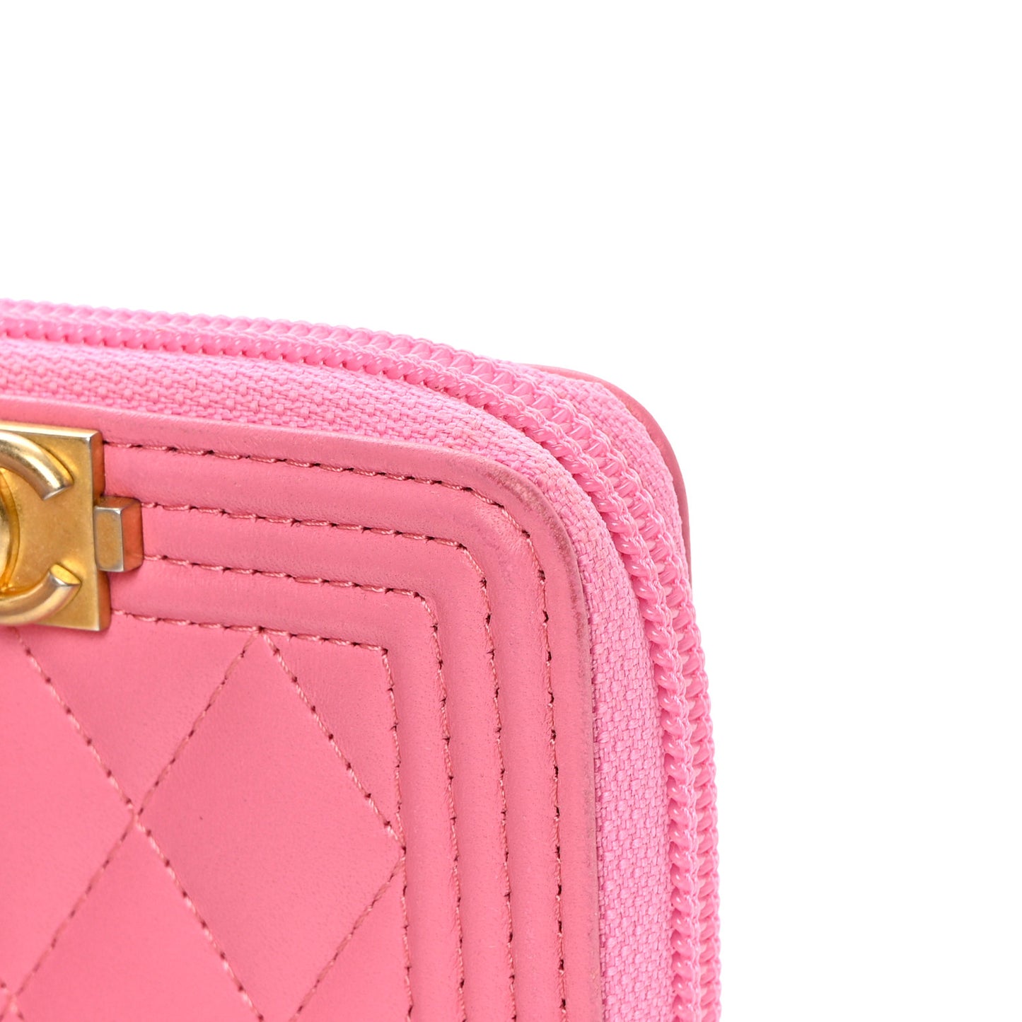 Lambskin Quilted Boy Zip Around Coin Purse Wallet Pink