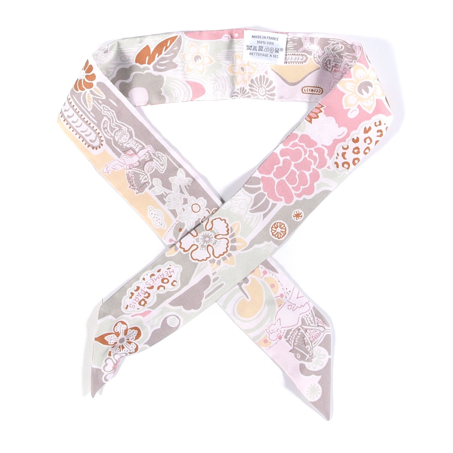 Hermes Silk Bingata Twilly Vieux Rose Vert De 1 of 4