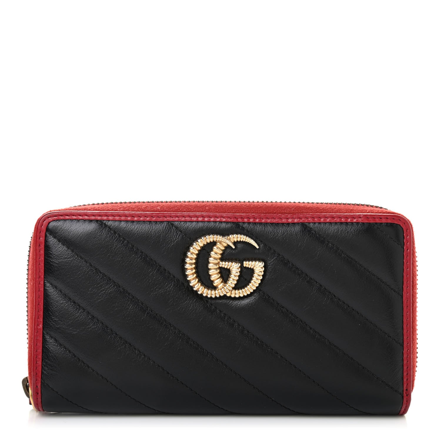 Gucci Vintage Effect Calfskin Matelasse Diagonal Torchon GG Marmont Zip Around Wallet Black Romantic Cherry 1 of 9