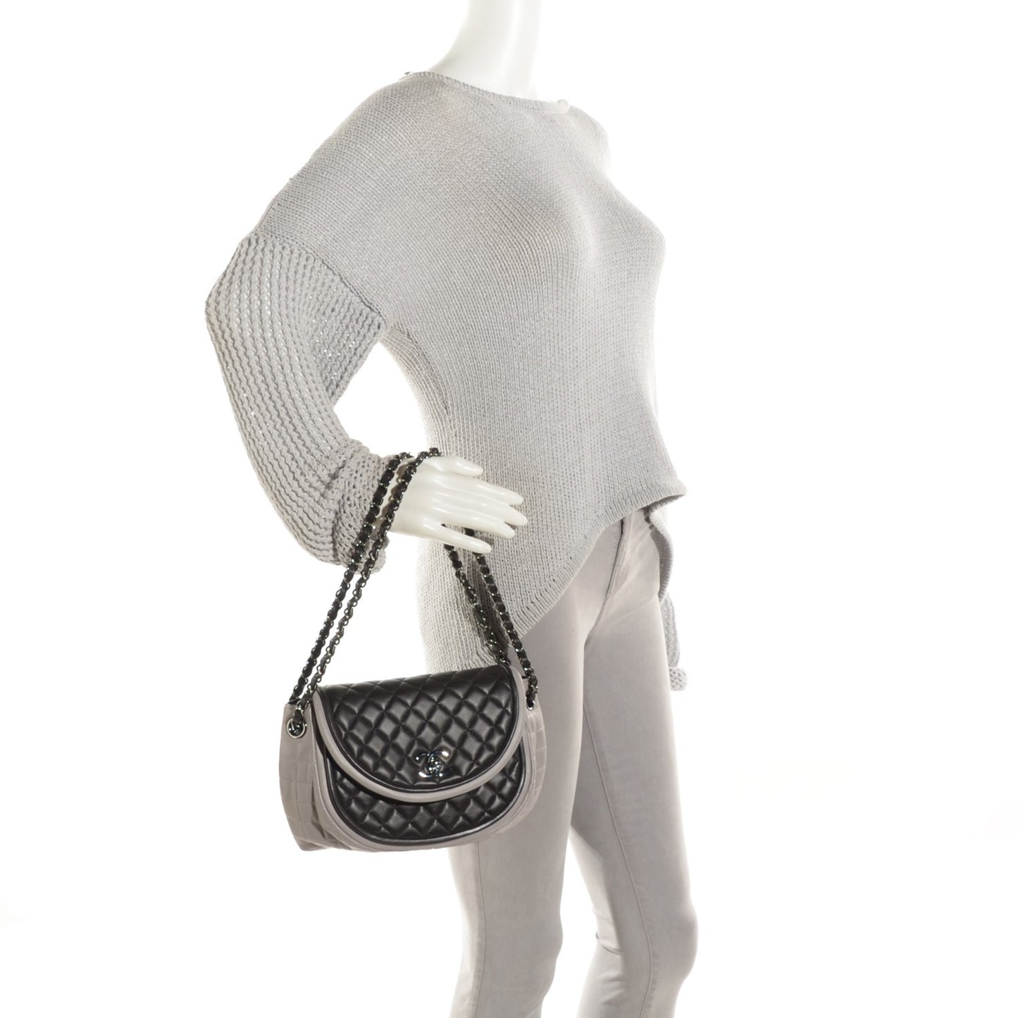Lambskin Quilted Classic Twist Crescent Flap Black Grey