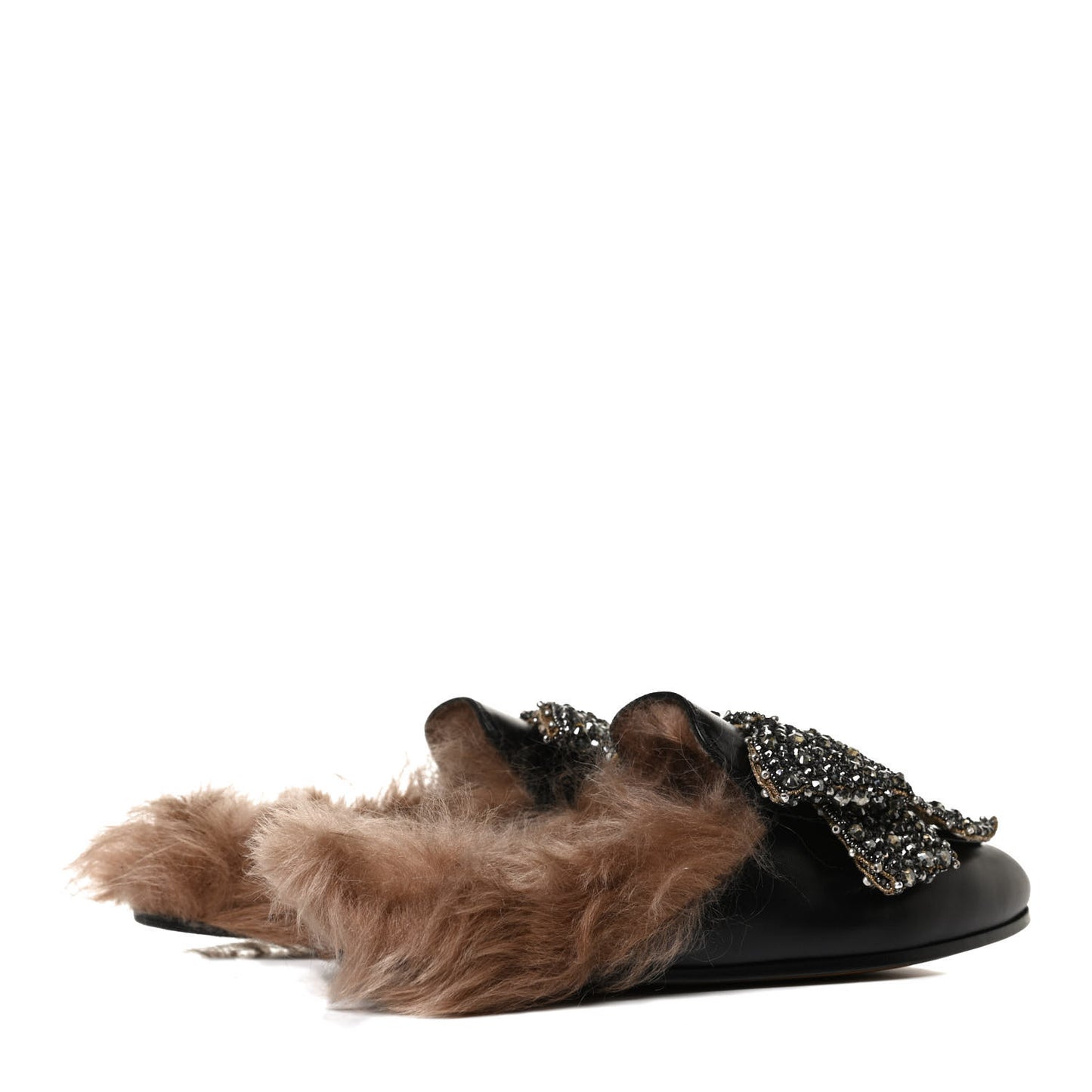 Malaga Kid Fur Crystal Bow Embroidered Womens Princetown Slippers 38 Black