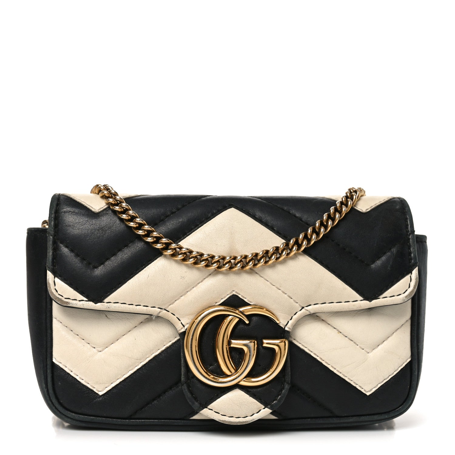 Gucci Calfskin Matelasse Super Mini GG Marmont Shoulder Bag Black White 1 of 9