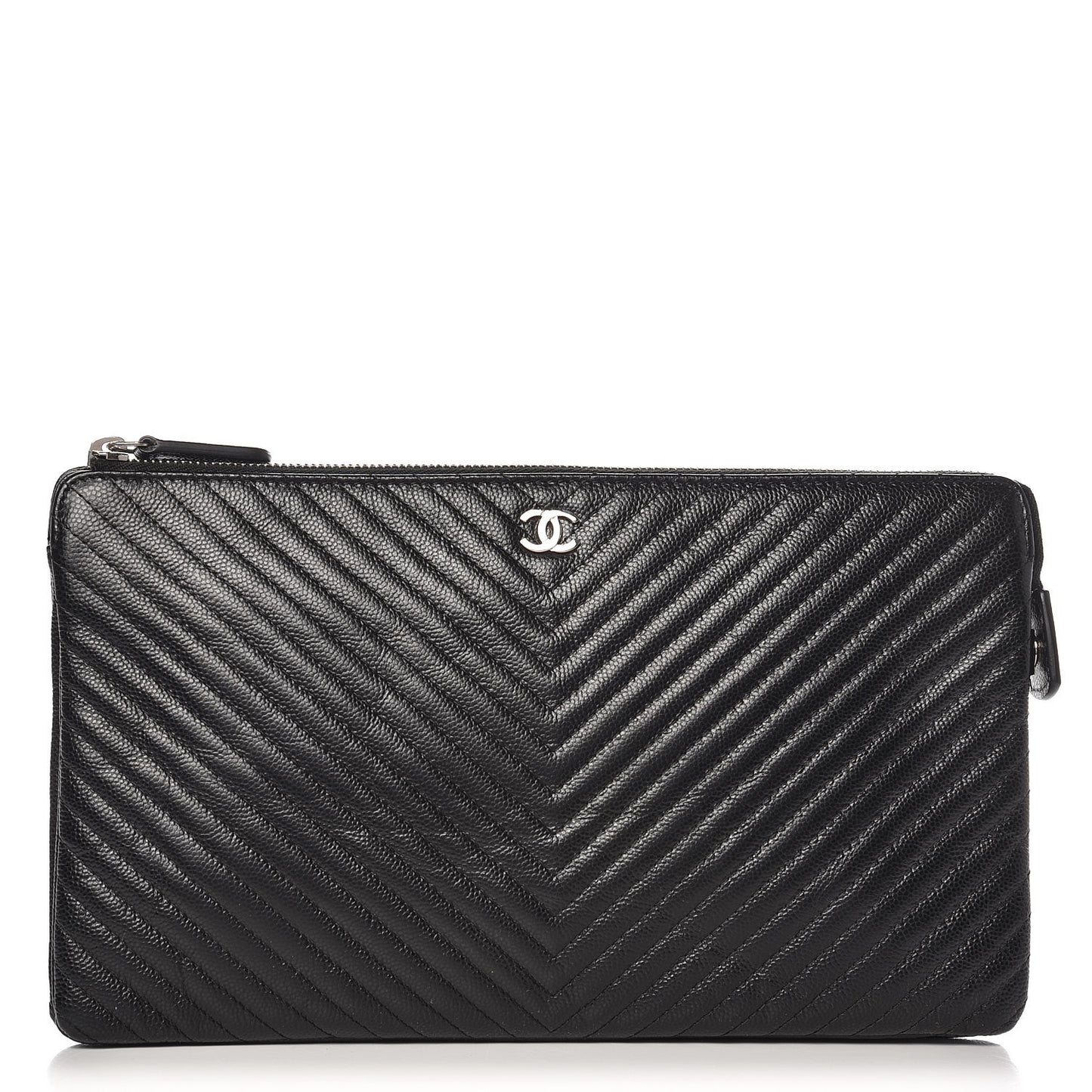 Caviar Chevron Quilted Large Zipped Clutch Black