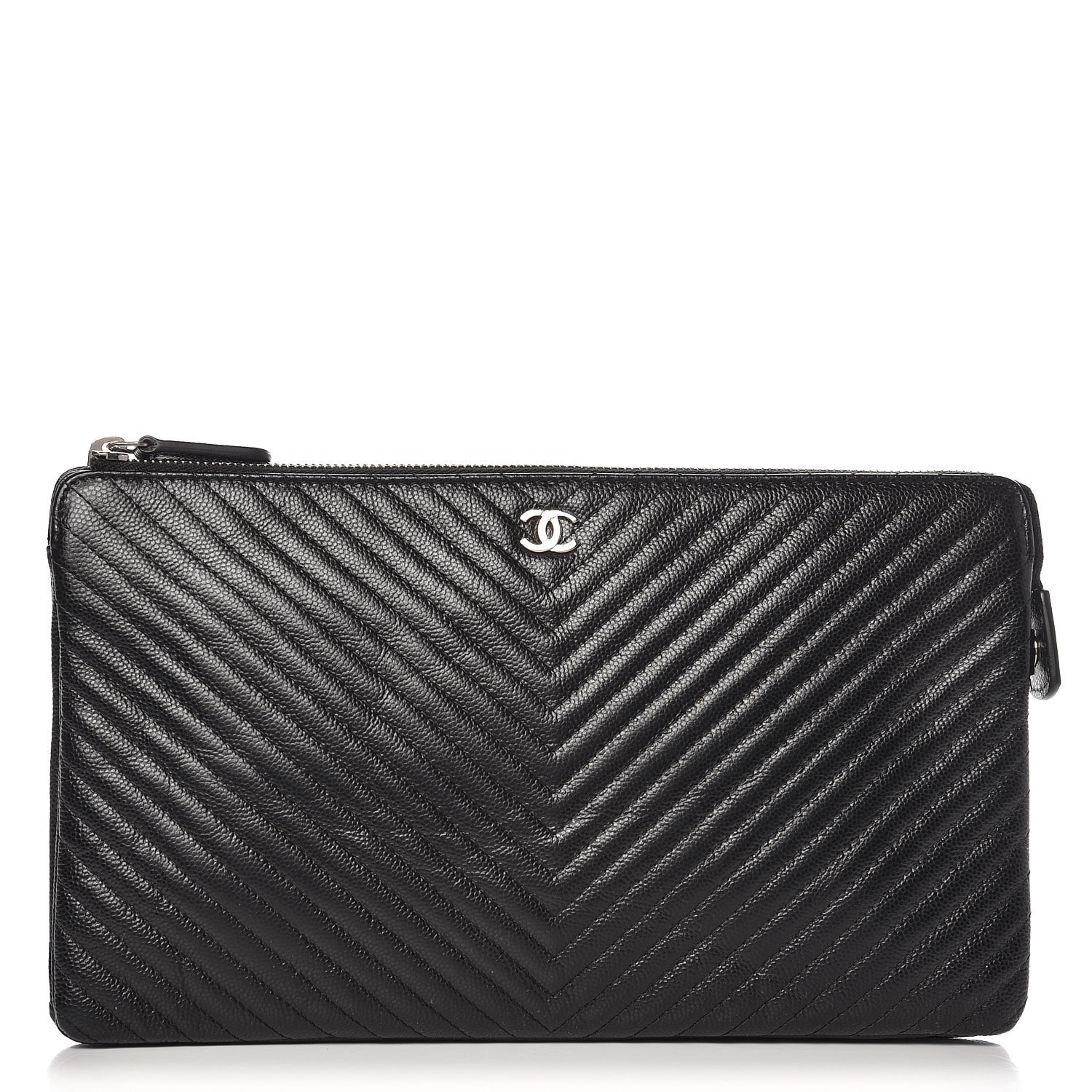 Chanel Caviar Chevron Quilted Large Zipped Clutch Black 1 of 8