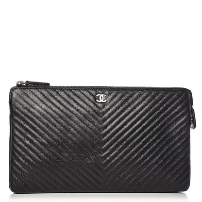 Chanel Caviar Chevron Quilted Large Zipped Clutch Black 1 of 8