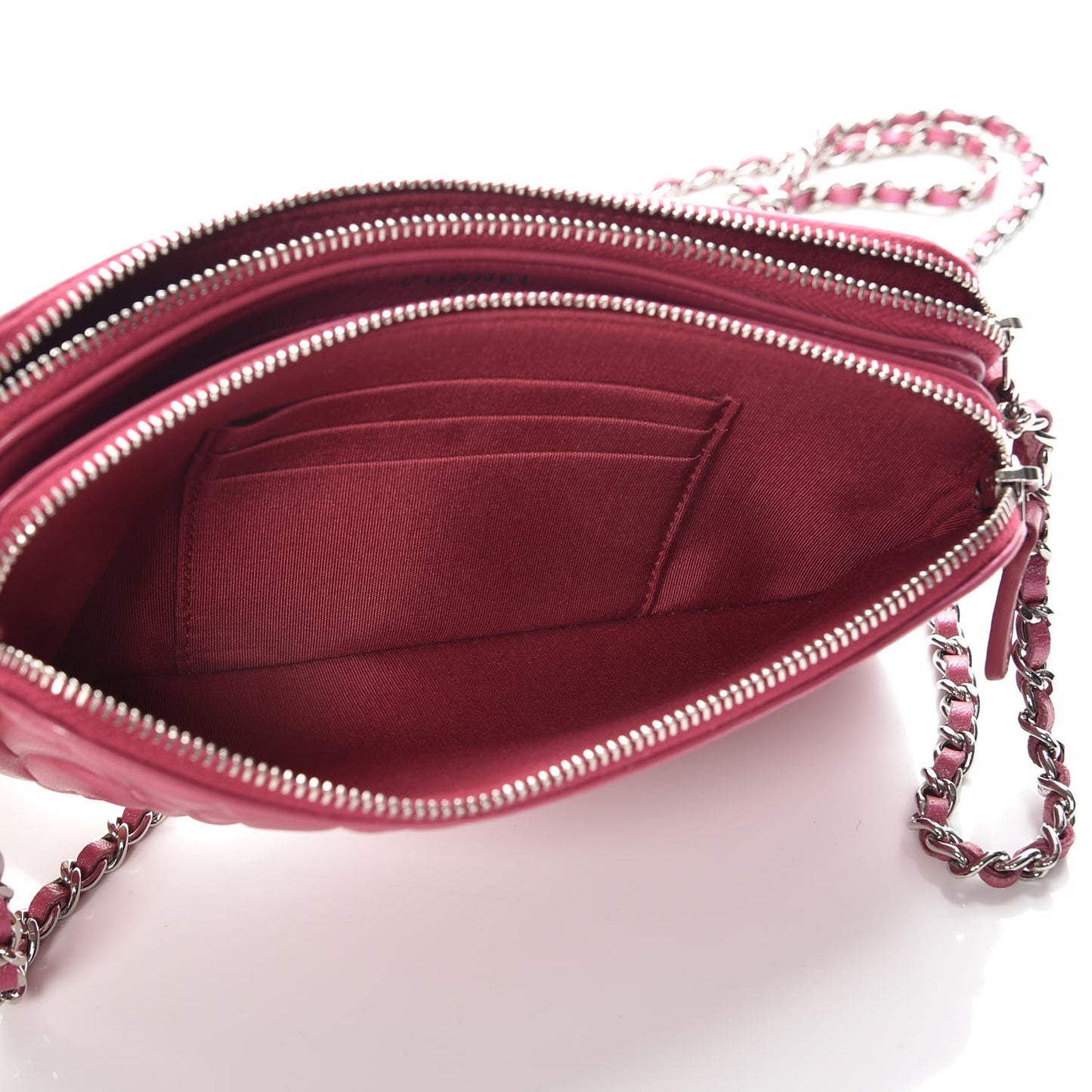 Lambskin Camellia Embossed Small Clutch With Chain Fuchsia
