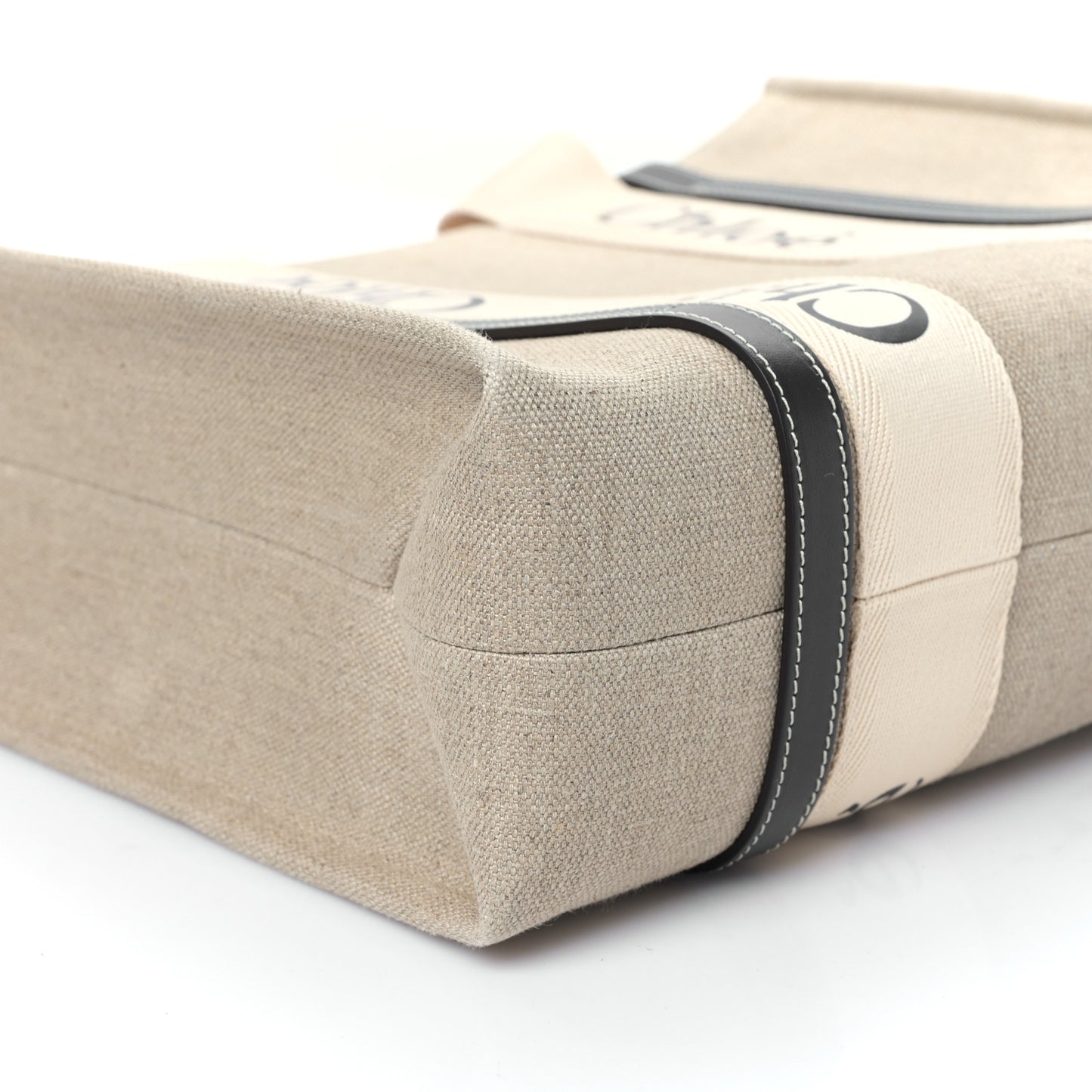 Linen Calfskin Medium Woody Ribbon Tote White Black