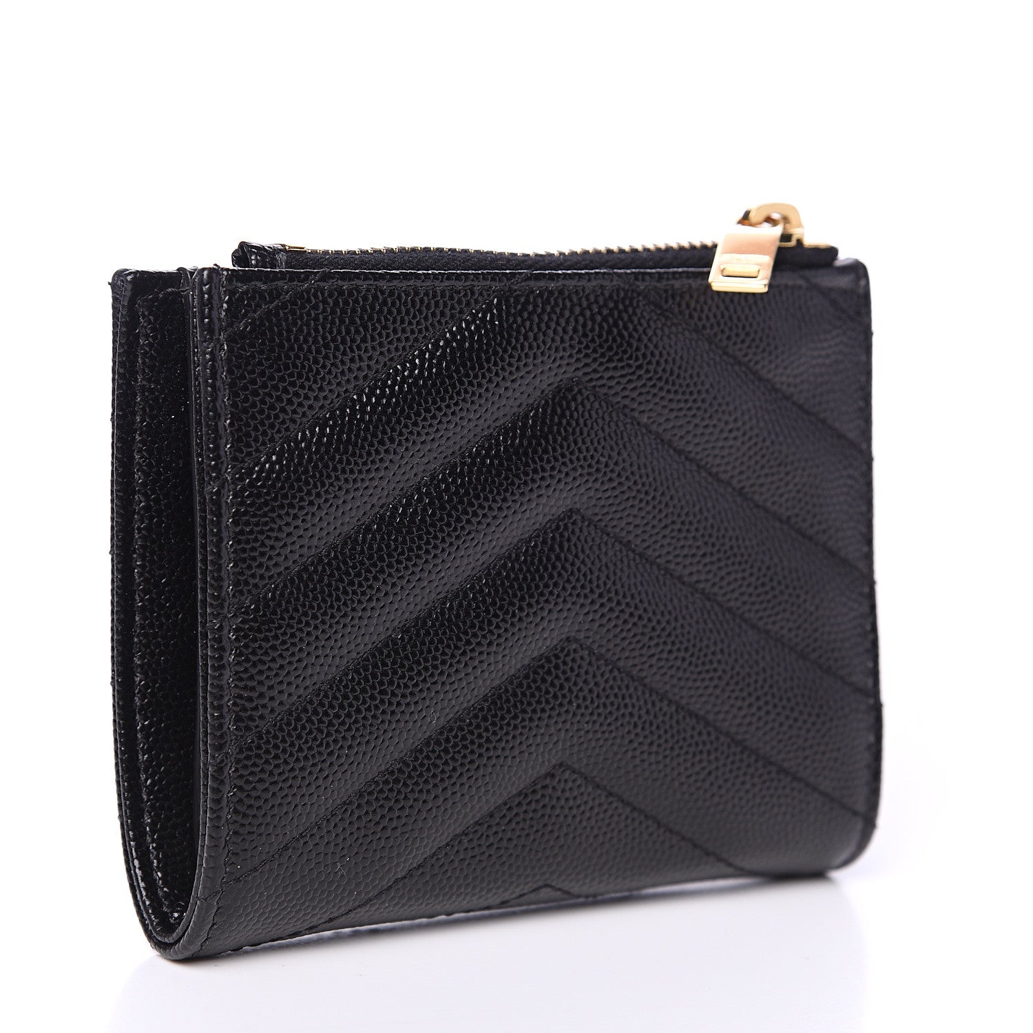 Saint Laurent Grain De Poudre Matelasse Chevron Monogram Zipped Card Case Black 2 of 7