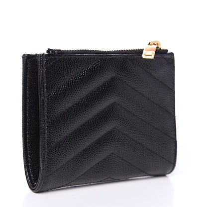 Saint Laurent Grain De Poudre Matelasse Chevron Monogram Zipped Card Case Black 2 of 7
