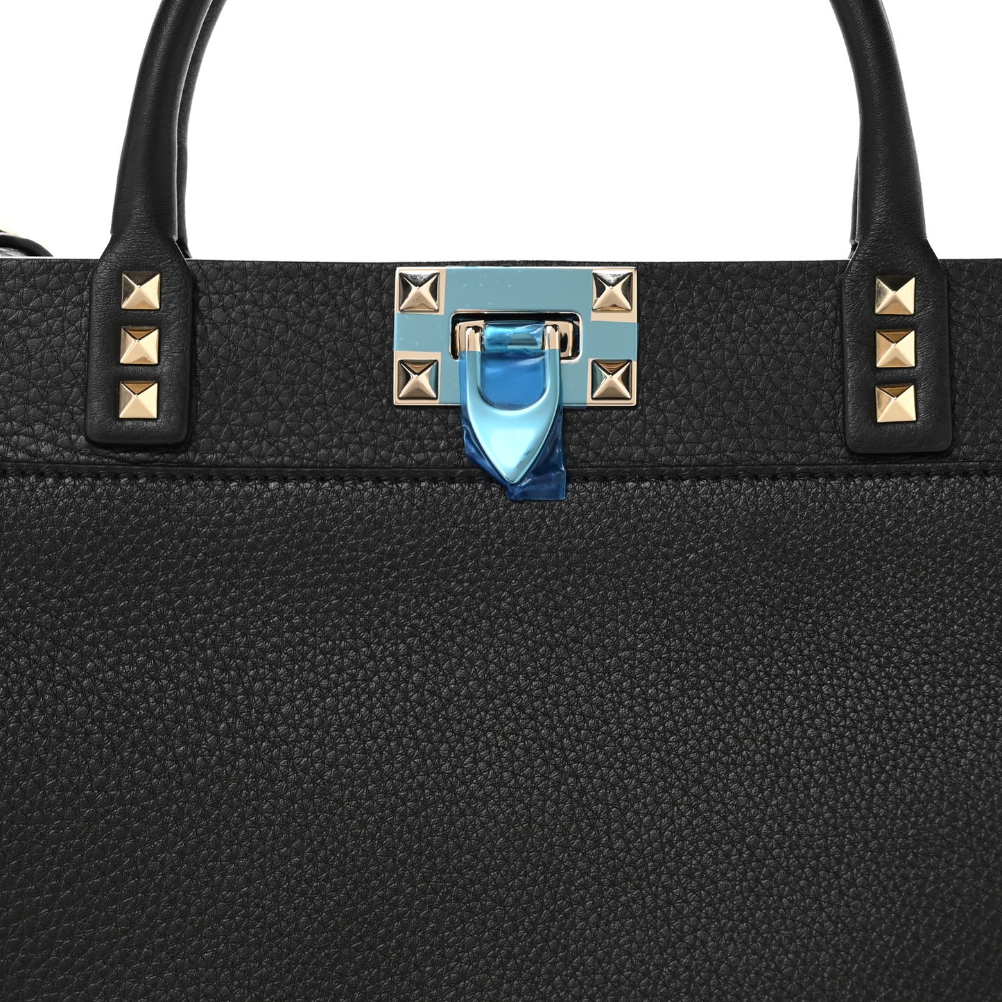 Pebbled Calfskin Rockstud Double Handle Tote  Black